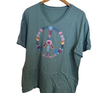 Floral Peace Sign V-Neck Tee - Teal